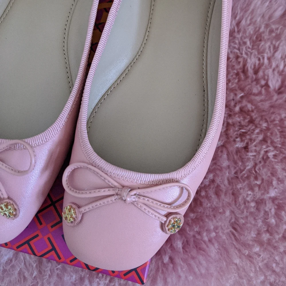 Tory Burch Pink Ballet Flats with Bow and Logo Charm